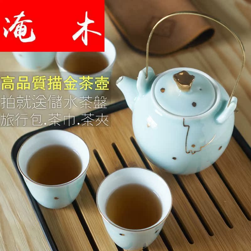 Flooded the wooden hand paint shadow celadon jingdezhen ceramic portable kung fu tea set suit I and contracted household travel