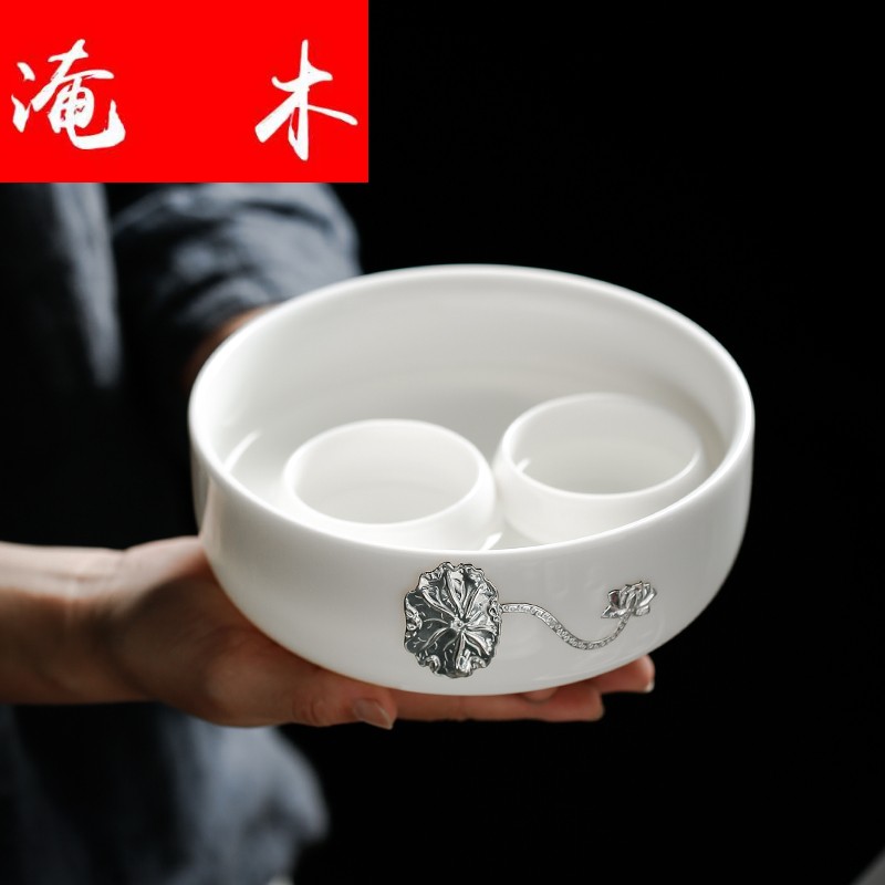 Flooded wood with silver dehua white porcelain kung fu tea set the whole office tea tureen teapot tea cups porcelain