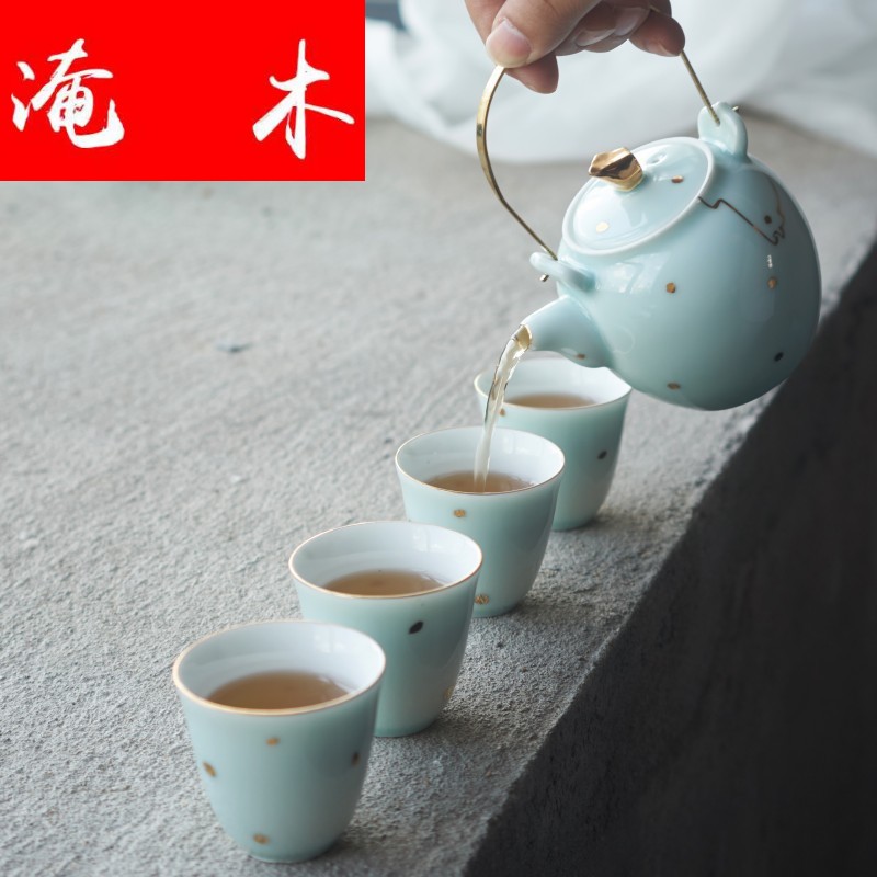 Flooded the wooden hand paint shadow celadon jingdezhen ceramic portable kung fu tea set suit I and contracted household travel