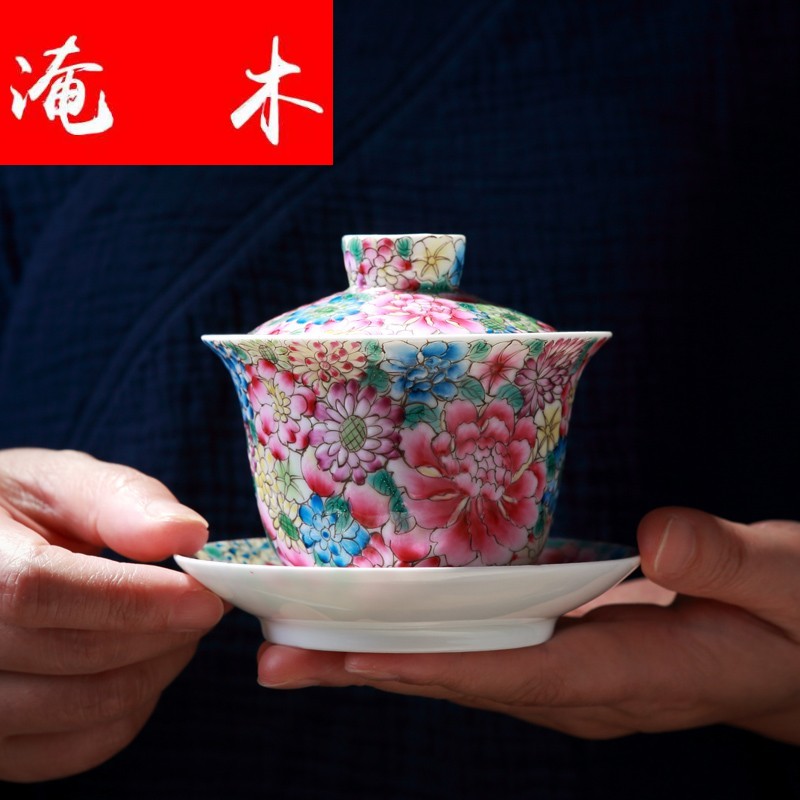 Submerged wood jingdezhen hand - made colored enamel tureen ceramic cups than spend large kongfu tea bowl three to bowl of tea