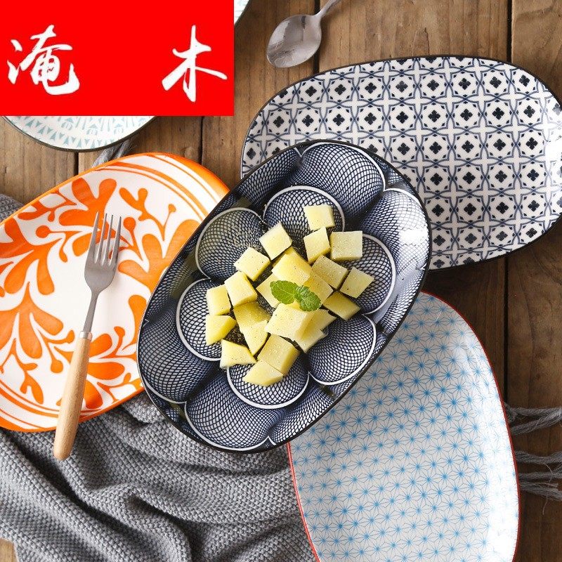 Flooded wood Nordic creative modern simple underglaze color Japanese ceramic tableware household 10-inch oval meal fish plate