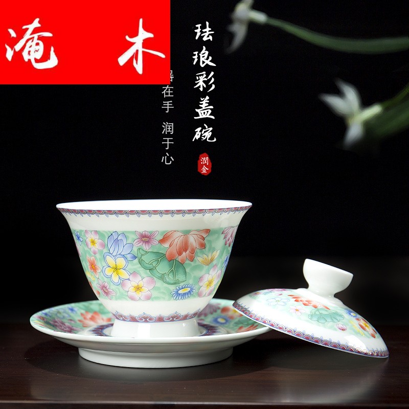 Flooded three tureen suit only ceramic famille rose wood colored enamel kung fu tea tea, large restore ancient ways to use