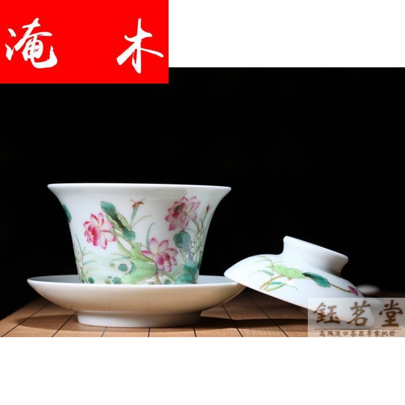 Flooded wood already mingyuan tea set # jingdezhen Ming in the qing dynasty hall jun hand - made pastel lotus tureen the spring breeze
