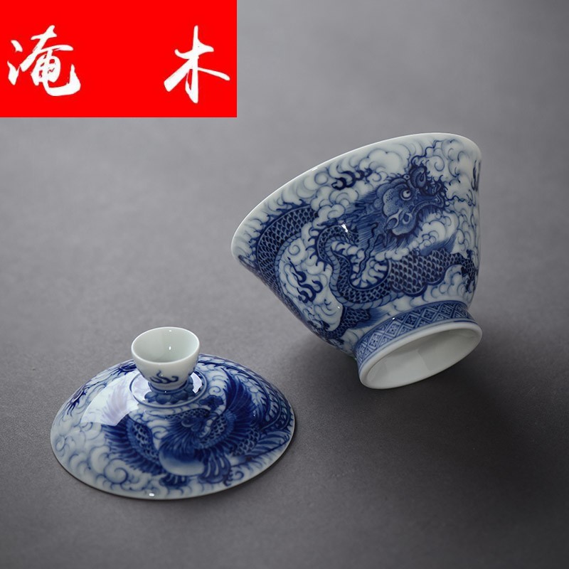 Submerged wood jingdezhen blue and white dragon ceramics all hand only three tureen kung fu tea bowl cups of tea