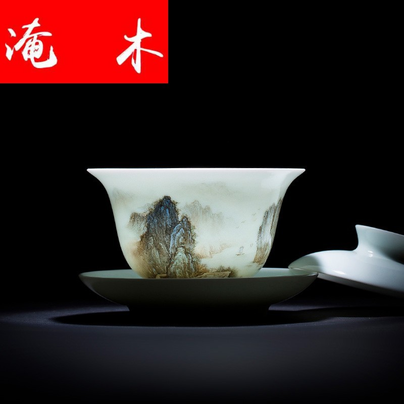 Submerged wood only three tureen teacups hand - made pastel landscape Yellow River jingdezhen kung fu tea tea bowl