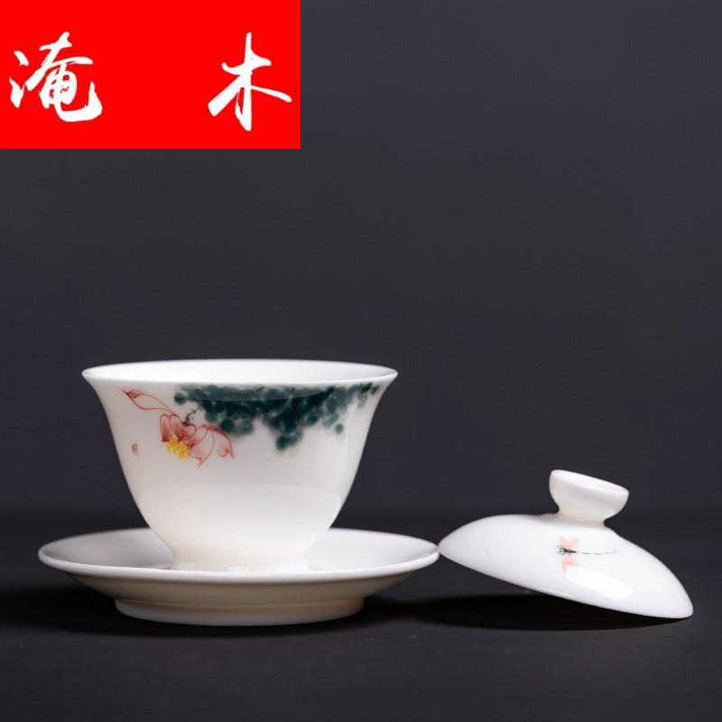 Flooded wood hand - made sweet white tureen white jade porcelain tureen small tureen kung fu tea set tea bowl three cups