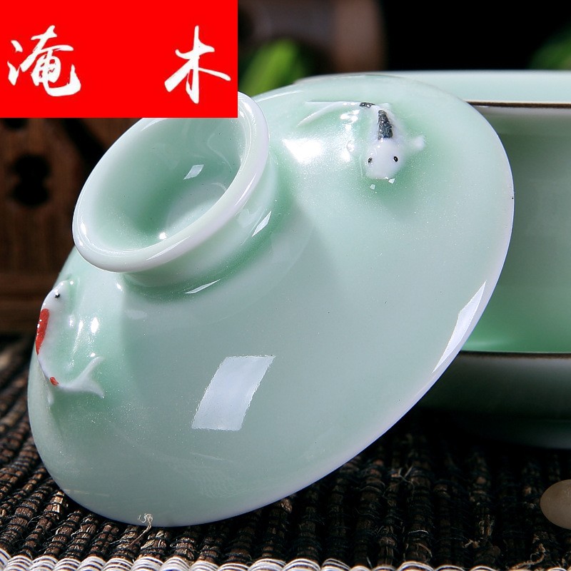 Submerged wood celadon relief hand only blue and white three color double ceramic kung fu tea tureen tea set