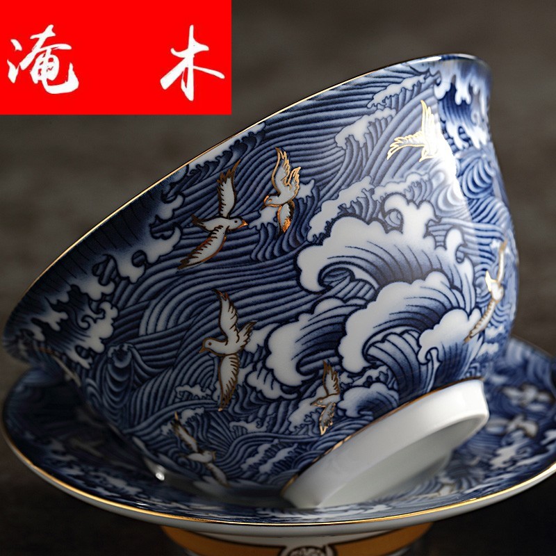 Flooded wood retro tureen household ceramic cups large blue and white porcelain tea bowl is only three colored enamel hot kung fu