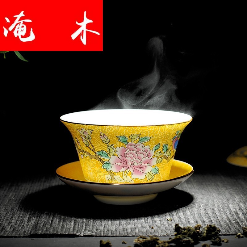 Grilled flooded jingdezhen wood powder enamel hand - made paint ceramic flower bowl kung fu tea set three tureen palace yellow and blue