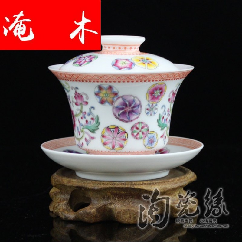 Flooded, rhyme jingdezhen porcelain tea set manually tureen only three cup bowl hand - made famille rose tea, tea CWJ
