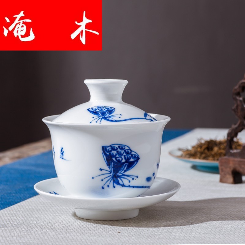 Submerged wood jingdezhen hand - made tureen kung fu tea cups of blue and white porcelain ceramic bowl large manual three bowls