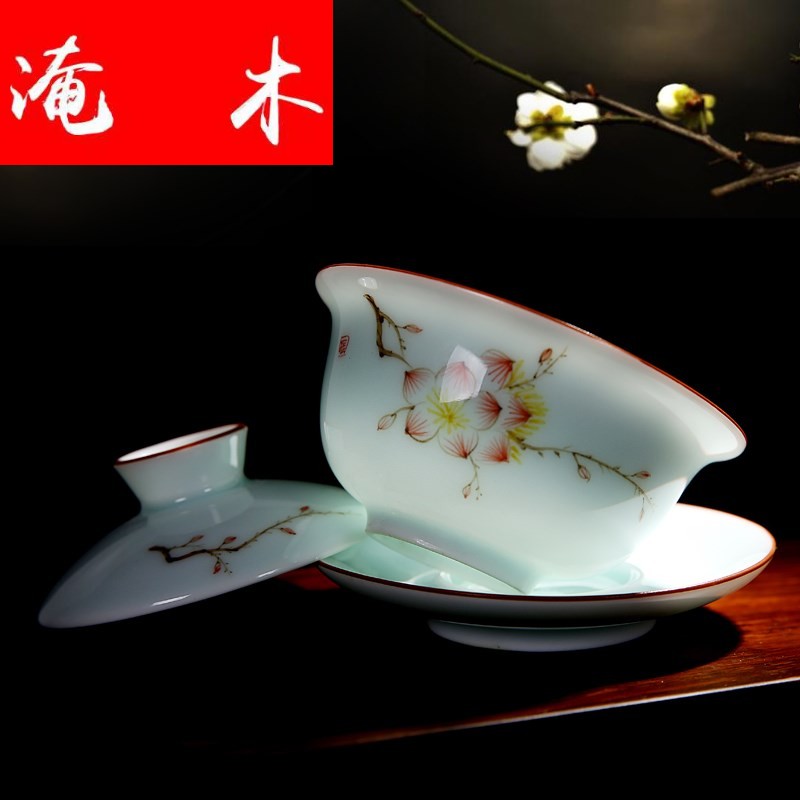 Flooded jingdezhen wood powder enamel hand - made ceramic tureen tea cup tea bowl of kung fu tea set three bowl of worship