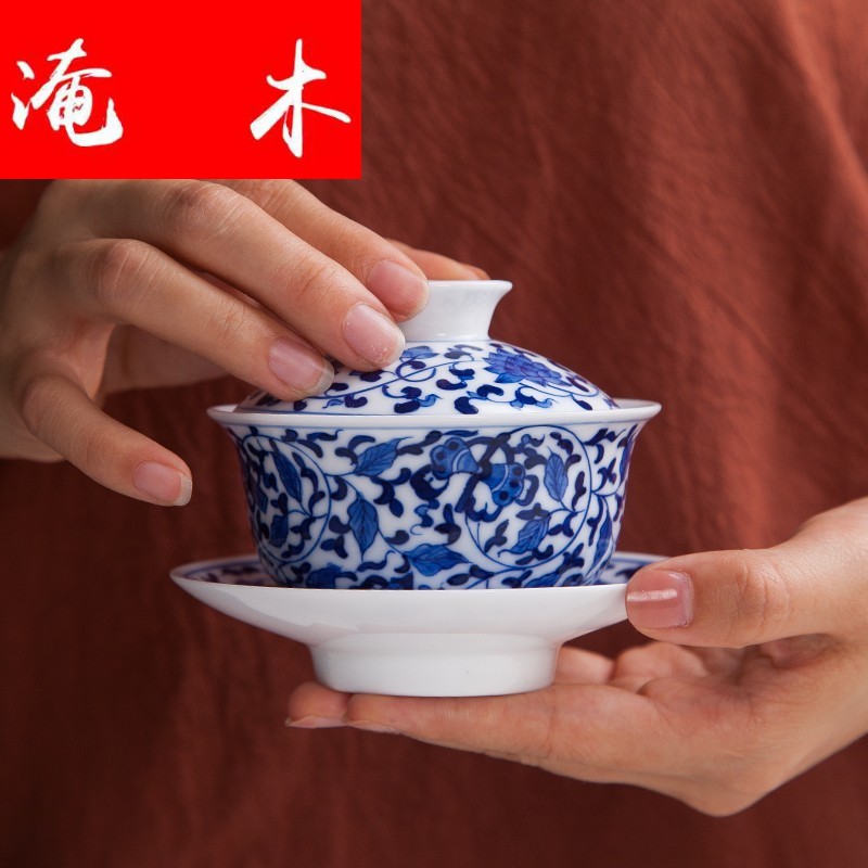 Flooded the wooden hand by hand in blue and white porcelain tureen tea sets jingdezhen kung fu tea set three bowl of tea bowl