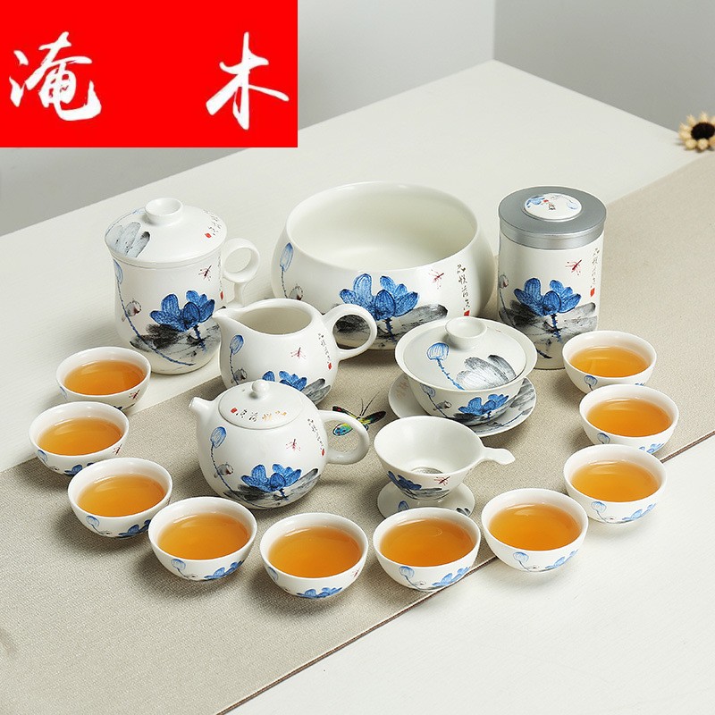 Submerged wood of a complete set of kung fu tea set household hand - made ceramic tureen tea cup teapot blue open box office