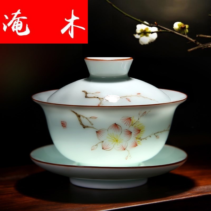 Flooded jingdezhen wood powder enamel hand - made ceramic tureen tea cup tea bowl of kung fu tea set three bowl of worship