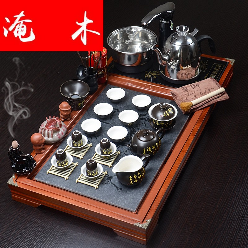 Submerged wood business needs solid wood and plate of purple sand ground kung fu tea set four one automatic sheung shui