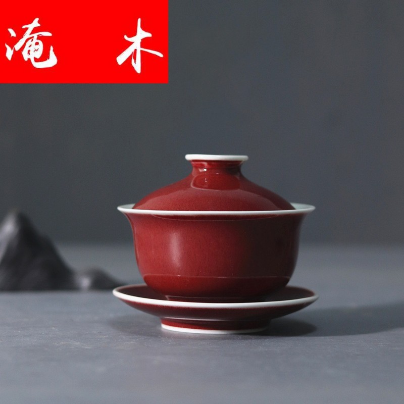 Flooded wooden household jingdezhen high temperature color glaze, the red water chestnuts tureen three bowl of yongle red glaze ji black tea