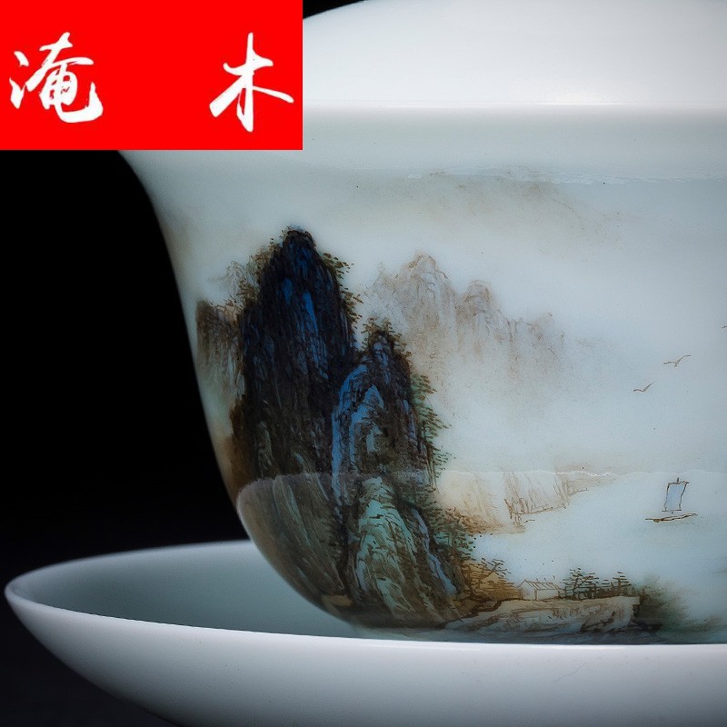 Submerged wood only three tureen teacups hand - made pastel landscape Yellow River jingdezhen kung fu tea tea bowl