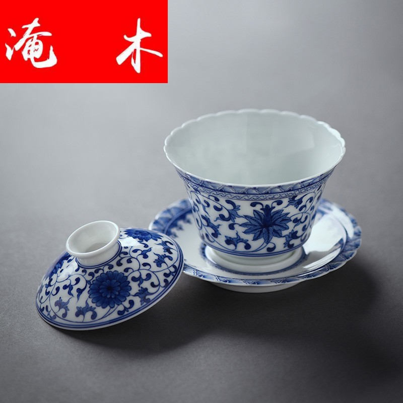 Submerged wood carved porcelain of jingdezhen ceramics bound lotus flower all hand only three tureen kung fu tea bowl of tea