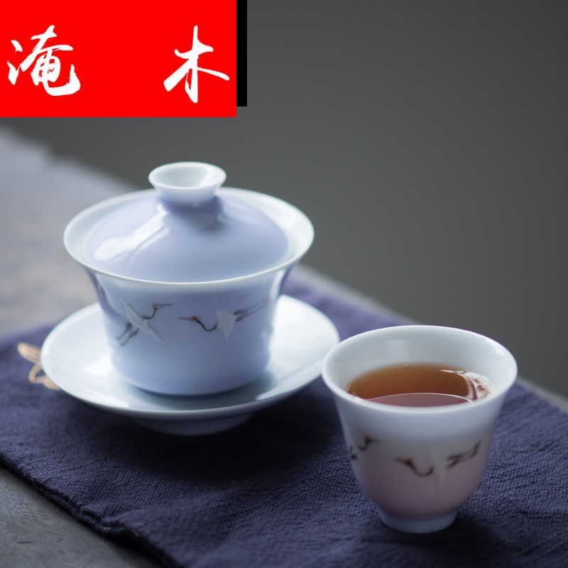 Submerged wood chu pure hand - made famille rose porcelain, jingdezhen porcelain, color glaze tureen the crane manual kung fu tea four color model
