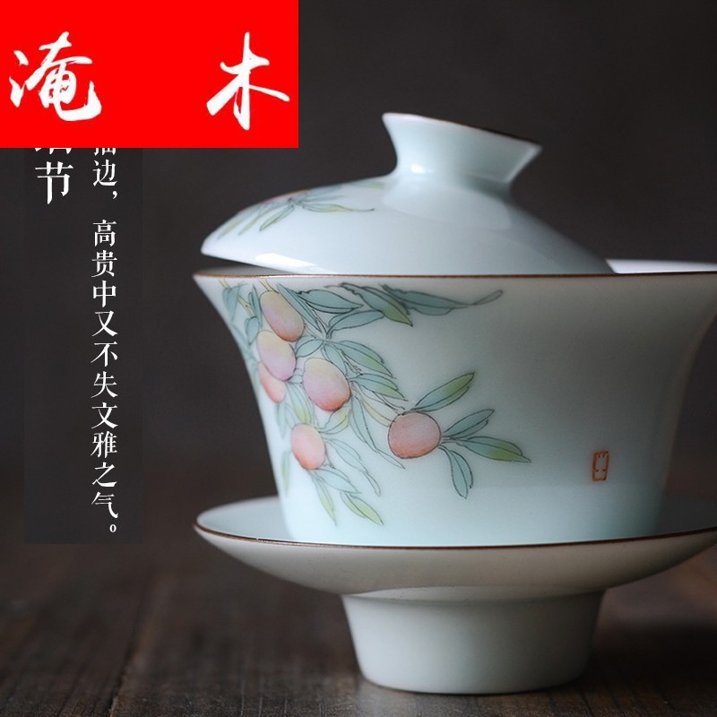 Flooded hand - made pastel peach wood shadow celadon three to make tea tureen jingdezhen checking ceramic tea set