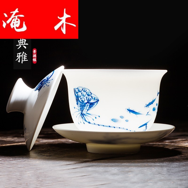 Submerged wood jingdezhen hand - made tureen kung fu tea cups of blue and white porcelain ceramic bowl large manual three bowls