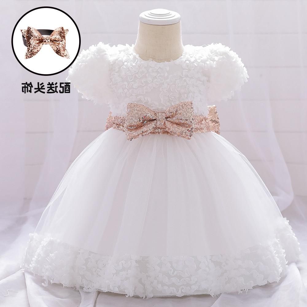 Baby age dress bright belt bow bowel puffy dress short sleeve cotton girl photography suit