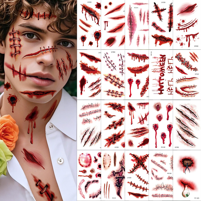 Halloween Fake Scar Tattoo Stickers Waterproof for Men and Women Horror Bleeding Fake Wounds Party Makeup Face Stickers