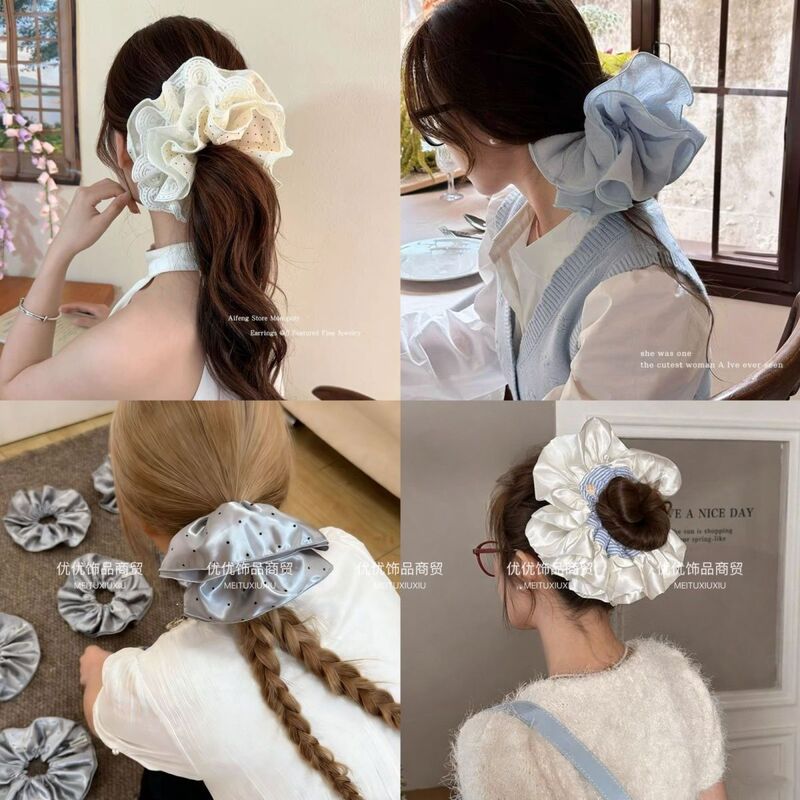 Extra-Large Double-Layer Ruffled Scrunchie for Women, Lace Polka Dot Mesh Satin Hair Tie, Lazy Vibe for Summer