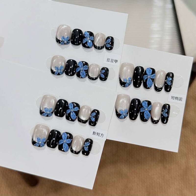 【Blue Flower Message】Elegant Black Polka Dot 3D Embossed Sweet and Cool Black-Blue Y2K Spicy Girl Handmade Wearable Nails