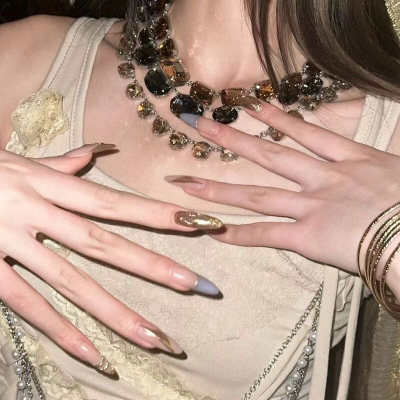 Purely Handmade Wearable Nails with Egyptian Goddess Vibe, Instagram-Style Magic Mirror Powder, High-End Elegant Gold Nail Stickers