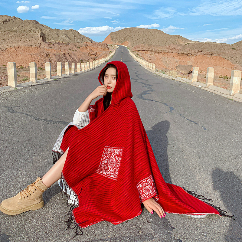 Autumn and Winter Red Hooded Shawl Ethnic Style Thickened Warm Desert Cloak Women's Tibet Qinghai Yunnan Travel Coat