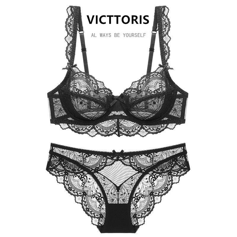 Victtoia Mrs Plus Size Non-Padded Large Bust Minimizing Sexy Lace Lingerie Women's Ultra-Thin Hollow Bra Set