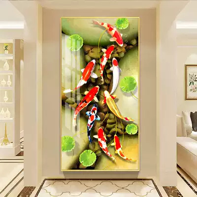 Home entrance decorative painting corridor aisle wall mural vertical version modern simple nine fish picture Feng Shui Ju Caixin porcelain painting