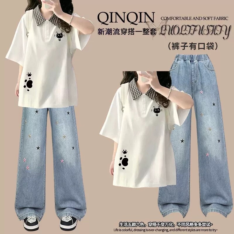 Two-Piece Set for Teenage Girls, 2026 Summer Polo Shirt, Pure Cotton Short-Sleeved Top, Fashionable Jeans, a Complete Set of Trendy Items Two-Piece Set for Teenage Girls, 2026 Summer Polo Shirt, Pure Cotton Short-Sleeved Top, Fashionable Jeans, a Complete Set of Trendy Items