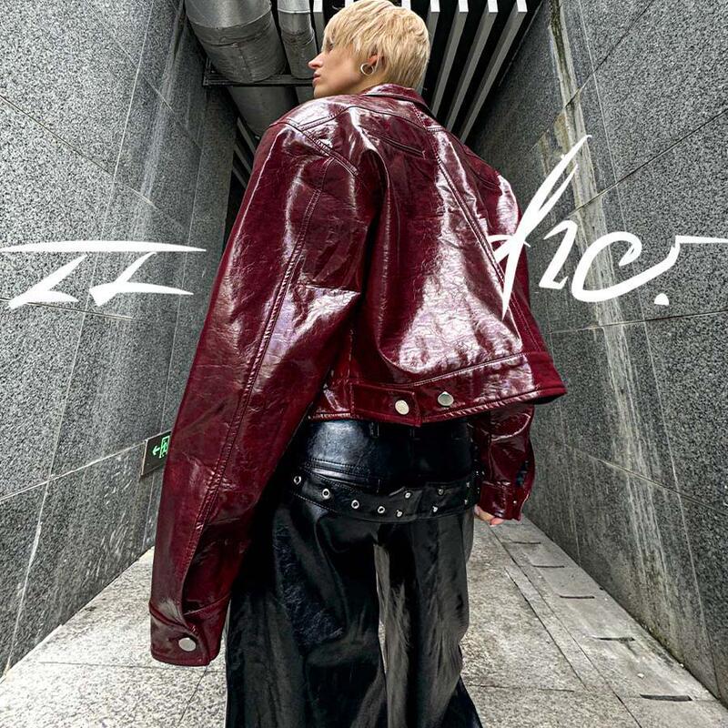 Wang Yixin's Style - Punk Ancora*22Doodle Punk Studded Red Loose Shoulder-Padded Leather Jacket