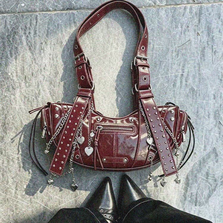 *Punk Ancora* 22Doodle Original Authentic Punk Studded Red Handbag Shoulder Bag Underarm Motorcycle Bag