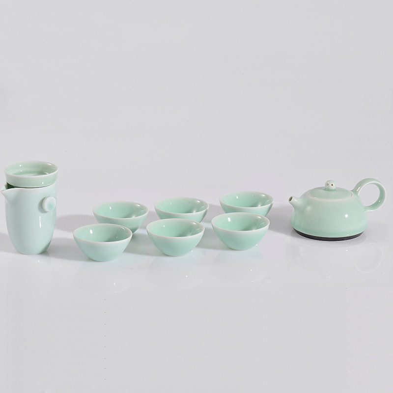 Ancient Wu kiln fire jade green ceramic high-end kung fu tea set spring pot set one pot six cups one fair one tea leak gift
