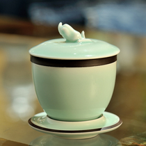 Ancient Wu kiln fire jade green ceramic kung fu tea set tea brewing tea special Fu hand lid bowl study cup tea cup gift from the elders