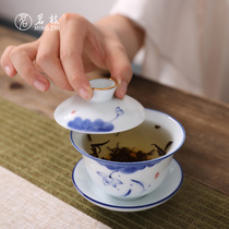 Mingzhi Ceramic Three Cai Bowl Home Large Anti-hot Hand-painted Blue and White Tea Cup with Cover Blue and White Porcelain Chinese Tea Bowl