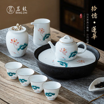 Mingzhi a pot of four cups tea set set home hand-painted Lotus ceramic teapot kung fu tea cup dry bubble tea tray simple