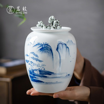Mingzhi white porcelain tea cans household sealed cans large moisture-proof storage cans hand-painted landscape ceramic wake-up tea cans tea bins