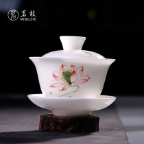 Mingzhi Dehua white porcelain hand-painted three-cai cover bowl Ceramic Kung Fu tea set Tea bowl Household tea bowl Teacup large
