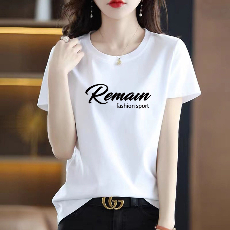 T-Shirt Summer Ivory White Short-Sleeved Women's Popular Right Shoulder Pure Cotton Letter Print Slim Top Simple Work Clothing Wear