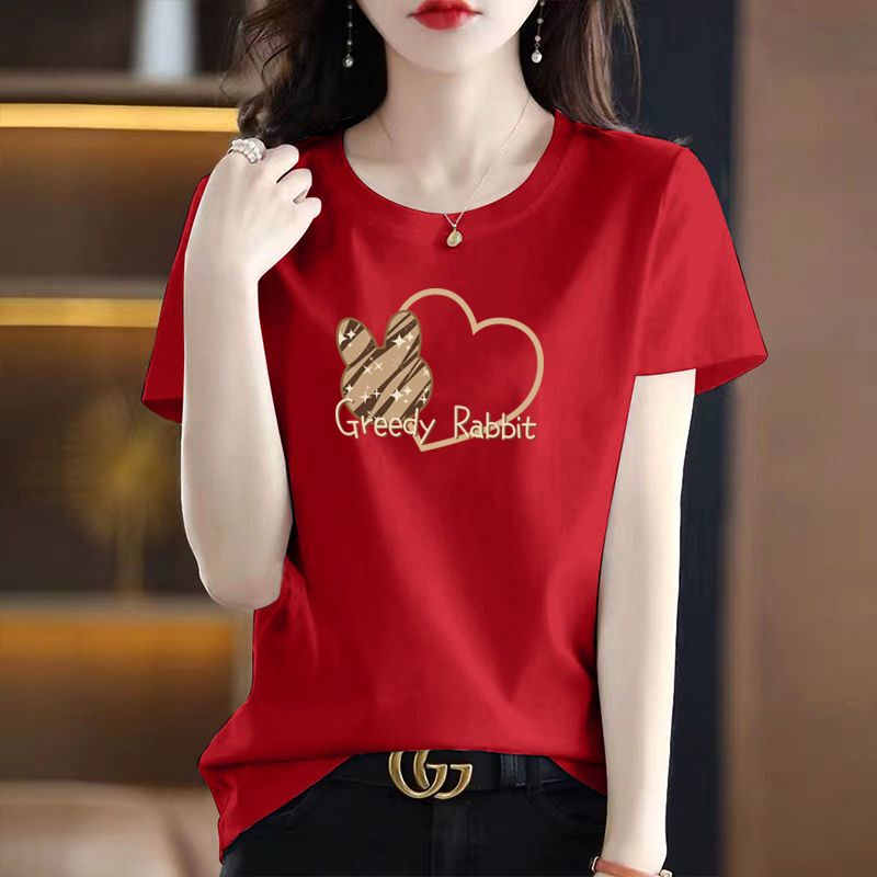 Women's Clothing 2025 Red T-Shirt Women's Short-Sleeved Pure Cotton Regular Shoulder Half-Sleeve Square Dance Outfit Rabbit Print T-Shirt Summer Fashion