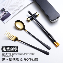 Chopsticks Spoon Set Portable 304 Stainless Steel Forks Adult Cute Chopsticks Box Korean Student Tableware Three Piece Set