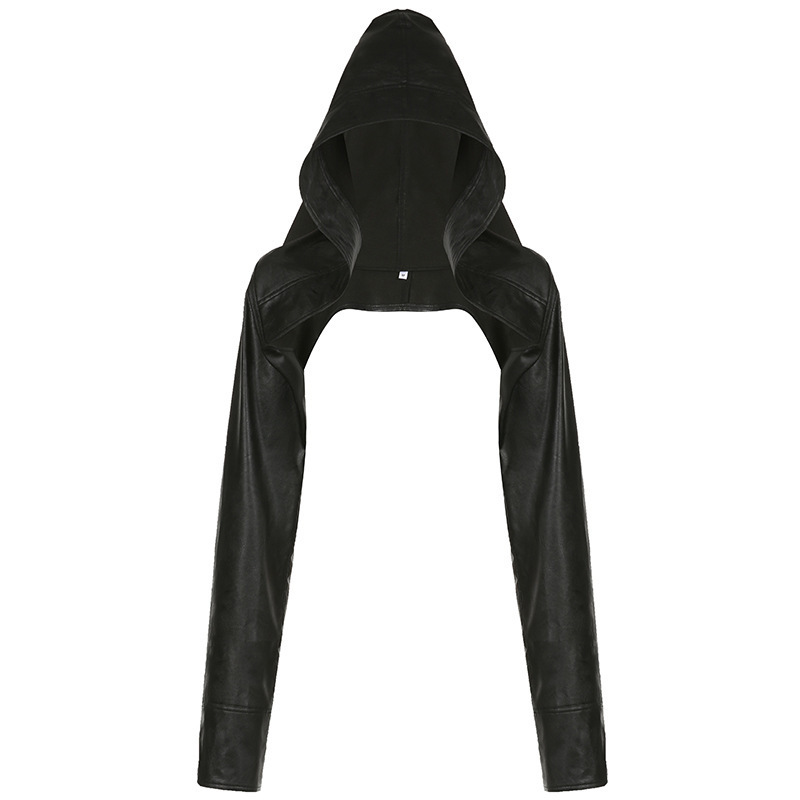 Amazon Cross-Border Hot Girl Sexy Hooded Long-Sleeved Leather Jacket Fashion Street Style Design Short Jacket Top