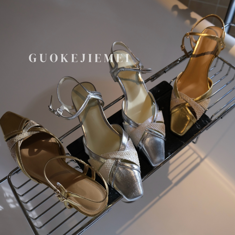 【Jellykk】5Cm Southern French Summer Fishskin Design Square-Toe Cross-Color Block Heel Versatile Fashion Sandals