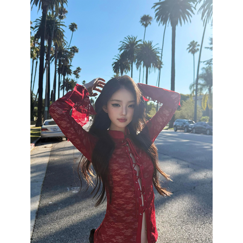 Turn Right/Chen Daxi Wild and Energetic Hollow-Out Design Lace-Up Lace Shirt Slim Fit Top Turn Right/Chen Daxi Wild and Energetic Hollow-Out Design Lace-Up Lace Shirt Slim Fit Top