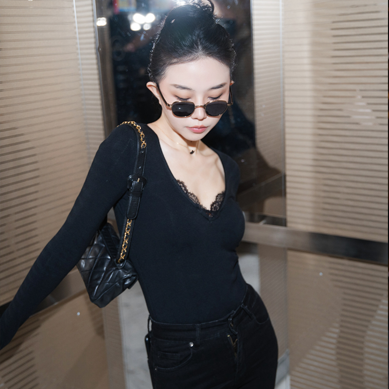 Moon Shadow Collection Black Sexy Lace Deep V-Neck Knit Sweater for Women Slim Fit Stretchy Elegant Long Sleeve Base Shirt